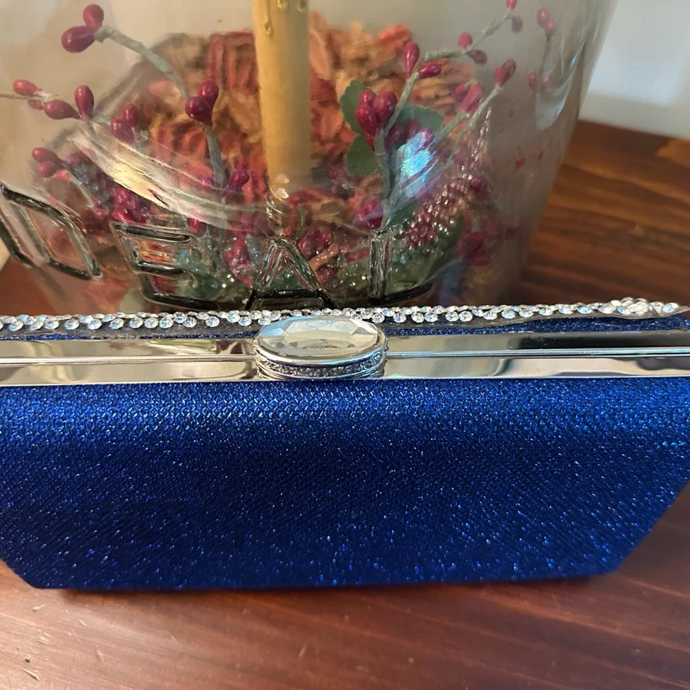 Elegant Blue Clutch with Rhinestone Accents and Chain Shoulder Strap DAMAGED